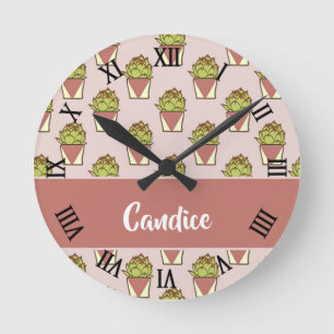 Horloge Ronde Plantes de cactus verts rose