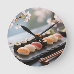 Horloge Ronde Plate de Sushi Cerisier en Fleur