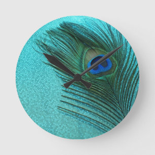 Horloge Ronde Plume bleue de paon d'Aqua métallique