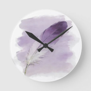 Horloge Ronde Plume Mauve Aquarelle Impasto 3D Bohème Moderne