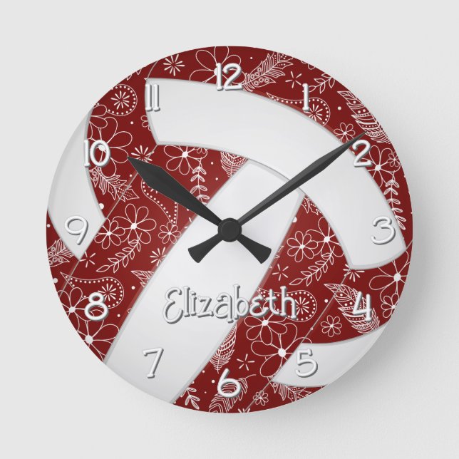 Horloge Ronde plumes de doodle paisleys maroon boho volleyball (Recto)