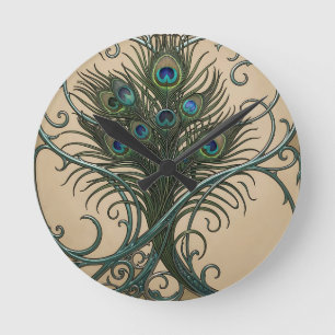 Horloge Ronde Plumes de paon Art nouveau Cadre sarcelle orné