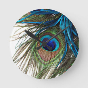 Horloge Ronde Plumes de paon Exotique bleu vert violet