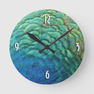 Horloge Ronde Plumes de paon I Design de nature abstrait coloré