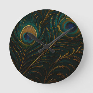 Horloge Ronde Plumes de paon luxueuses motif sarcelle doré