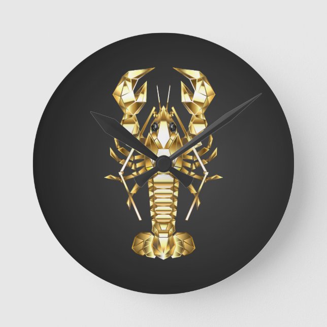 Horloge Ronde Poisson à langouste polygonale dorée sur noir (Recto)