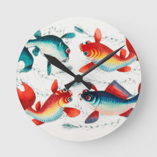 Horloge Ronde Poisson d'or chinois et poisson d'argent