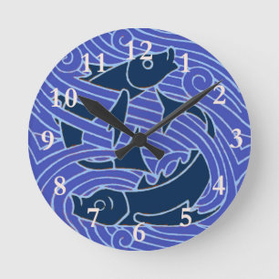 Horloge Ronde Poisson Gras Baignade Océan Bleu Pêche