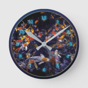 HORLOGE RONDE POISSON KOI EN FLEURS