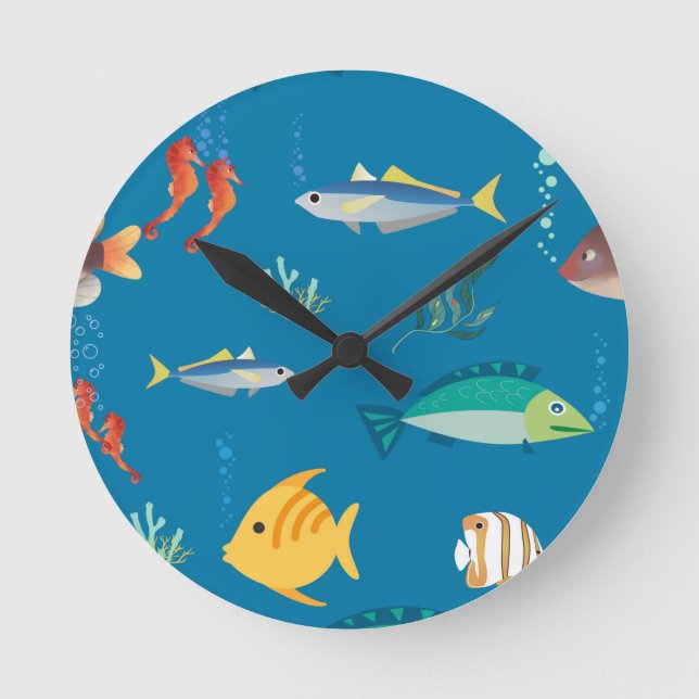 Horloge Ronde Poisson Moderne et Hippocampe à Motif Illustré Ble (Recto)