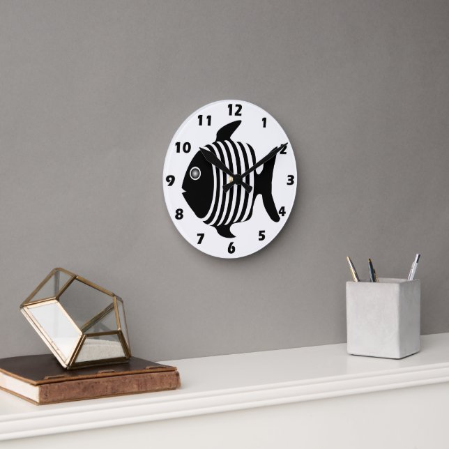 Horloge Ronde Poisson Noir Et Blanc (Bureau)