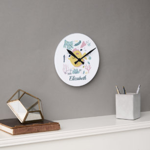Horloge Ronde Poisson rose Jaune Personnalisé Sea Ocean Nursery