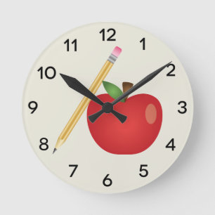 Horloge Ronde Pomme Carton Rouge Et Crayon Jaune