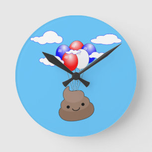 Horloge Ronde Poo Emoji Volant Avec Des Ballons Dans Le Ciel Ble