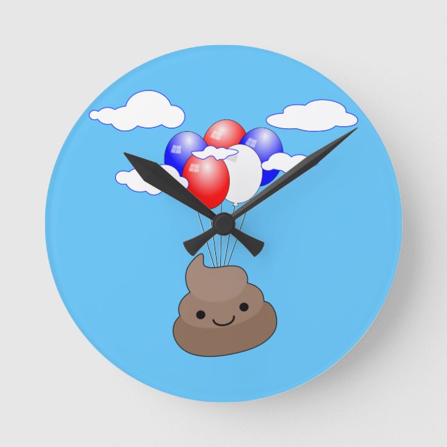 Horloge Ronde Poo Emoji Voler Avec Des Ballons Dans Le Ciel Bleu (Recto)