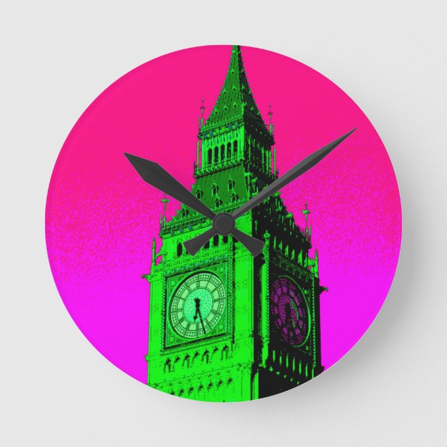Horloge Ronde Pop Art Big Ben Londres Voyage rose Vert (Recto)