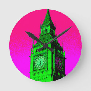 Horloge Ronde Pop Art Big Ben Londres Voyage rose Vert