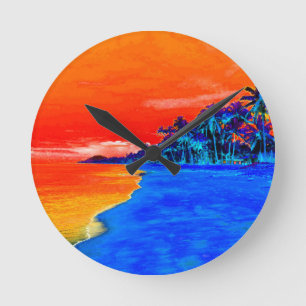 Horloge Ronde Pop Art Plage Exotique Palmiers