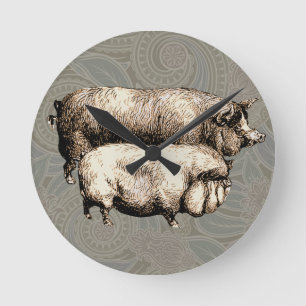 Horloge Ronde Porc de Ferme Vintage Antiquités de Bétail de Camp