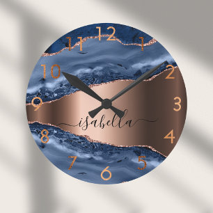 Horloge Ronde Porte bleu marbre rose or logo d'entreprise
