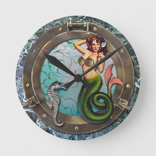 Horloge Ronde PORTHOLE MERMAID, sirènes d'art originales (Recto)