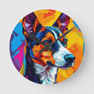 Horloge Ronde Portrait abstrait de chien Basenji