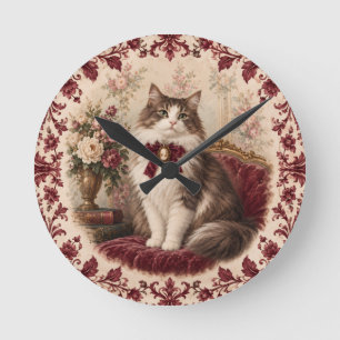 Horloge Ronde Portrait de chat victorien floral bordeaux vintage