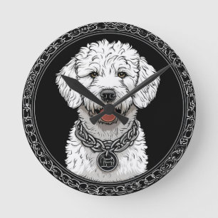 Horloge Ronde Portrait de chien blanc avec collier à chaîne