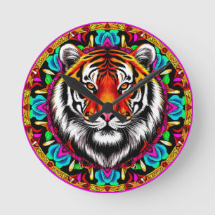 Horloge Ronde Portrait de tigre avec motif de mandala