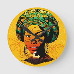 Horloge Ronde Portrait féminin africain avec coucher de soleil