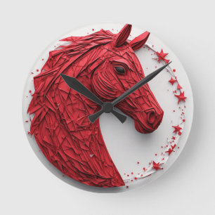 Horloge Ronde Portrait géométrique de cheval en rouge et blanc v