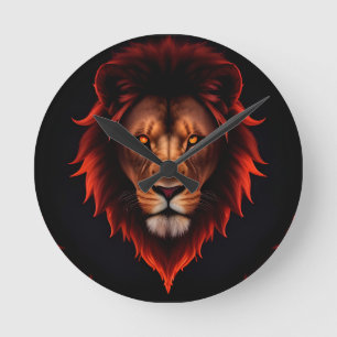 Horloge Ronde Portrait majestueux d'un lion de feu aux yeux bril