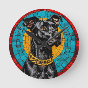 Horloge Ronde Portrait mosaïque d'un chien noir