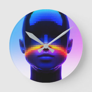 Horloge Ronde Portrait Pixel Art Futuriste – Abstrait Numérique