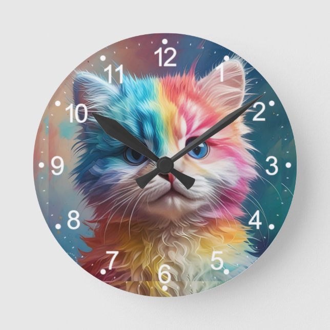 Horloge Ronde Potrait de chaton couleur arc-en-ciel (Recto)