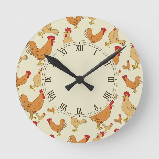 Horloge Ronde Poulet et coqs Brown (Recto)