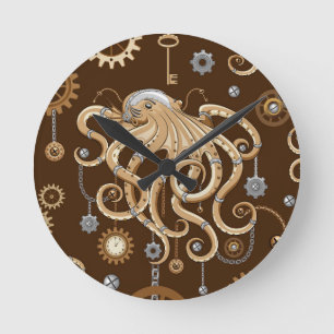 Horloge Ronde Poulpe Steampunk Rétro Fantastique Mécanique