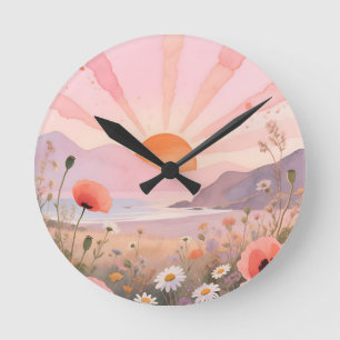 Horloge Ronde Prairie de Fleurs Sauvages au Coucher de Soleil Pa