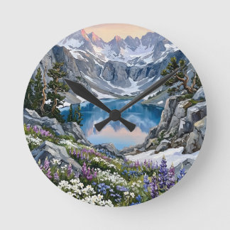 Horloge Ronde Prairie de fleurs sauvages du lac de montagne Art