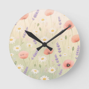 Horloge Ronde Prairie de fleurs sauvages pastel à floraison douc