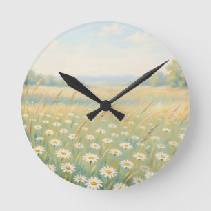 Horloge Ronde Prairie de pâquerettes blanches ensoleillée de fle