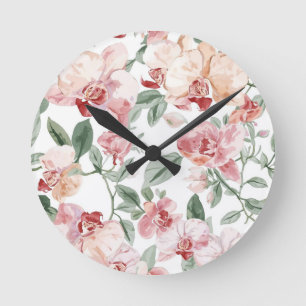 Horloge Ronde Prairie d'Orchidée Aquarelle Florale Botanique Rou