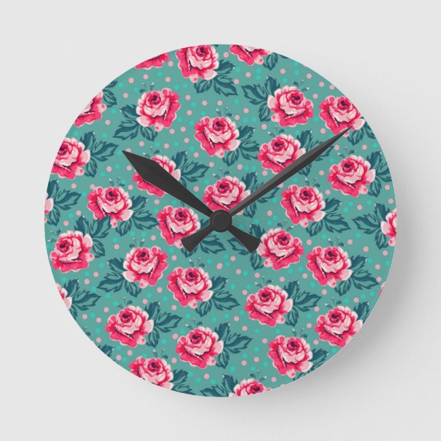 Horloge Ronde Pretty Pink Roses and Polka Dot Pattern on Teal (Recto)