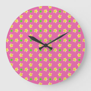 Horloge ronde : Primroses sur Rose profond, Polkas
