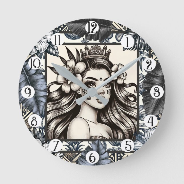Horloge Ronde Princesse polynésienne Bleu Floral Tribal (Recto)