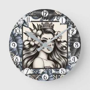 Horloge Ronde Princesse Polynésienne Fleurs Bleues Tribal
