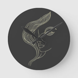 Horloge Ronde Profil de femme en art linéaire élégant avec feuil