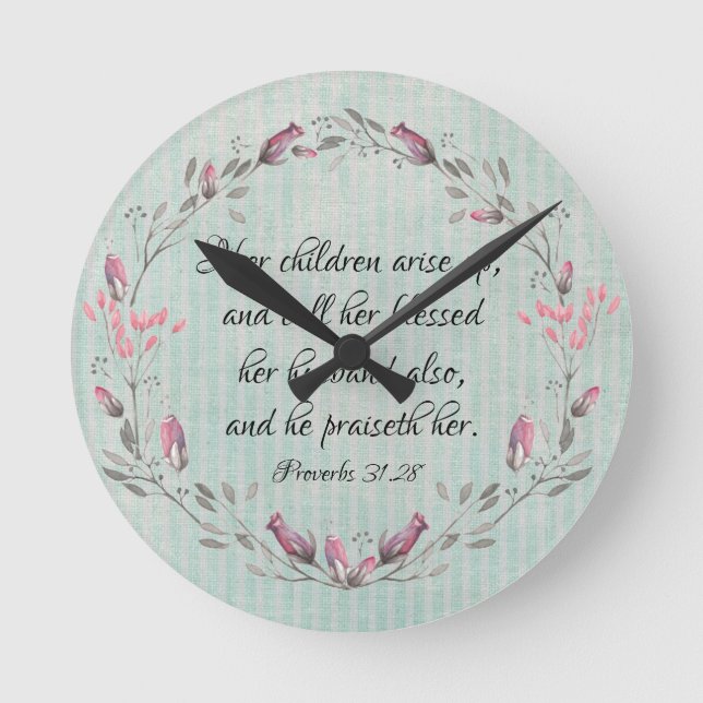 Horloge Ronde Proverbes Maman : Ses enfants se lèvent KJV Verse (Recto)
