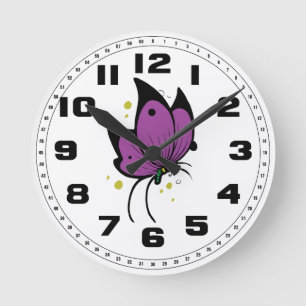 Horloge Ronde Purple Black Filled Freckled Butterfly