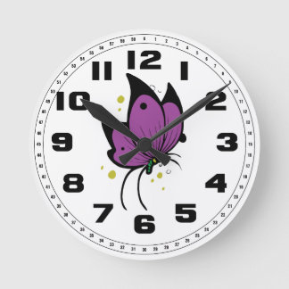 Horloge Ronde Purple Black Filled Freckled Butterfly